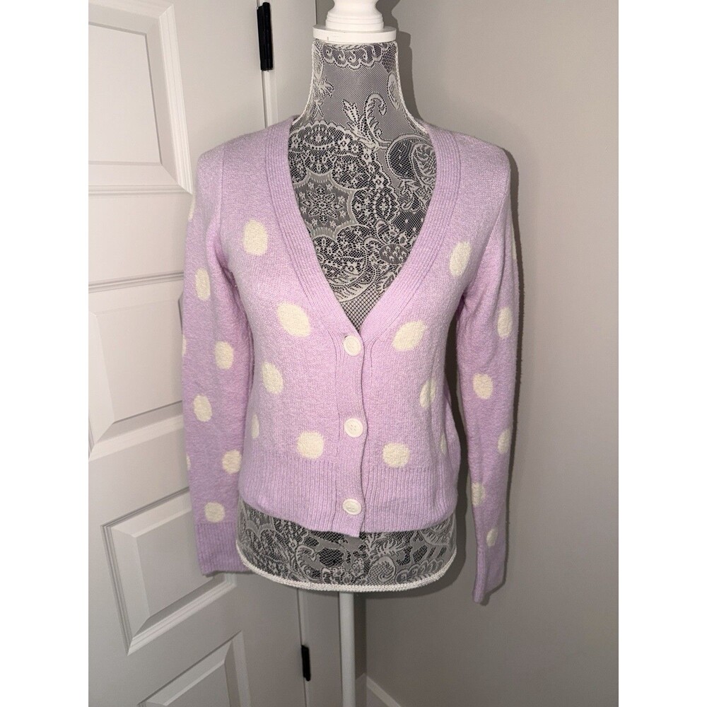Sincerely Jules Lavender Fuzzy Knit Cardigan Polka Dot Sweater NWT Size XS